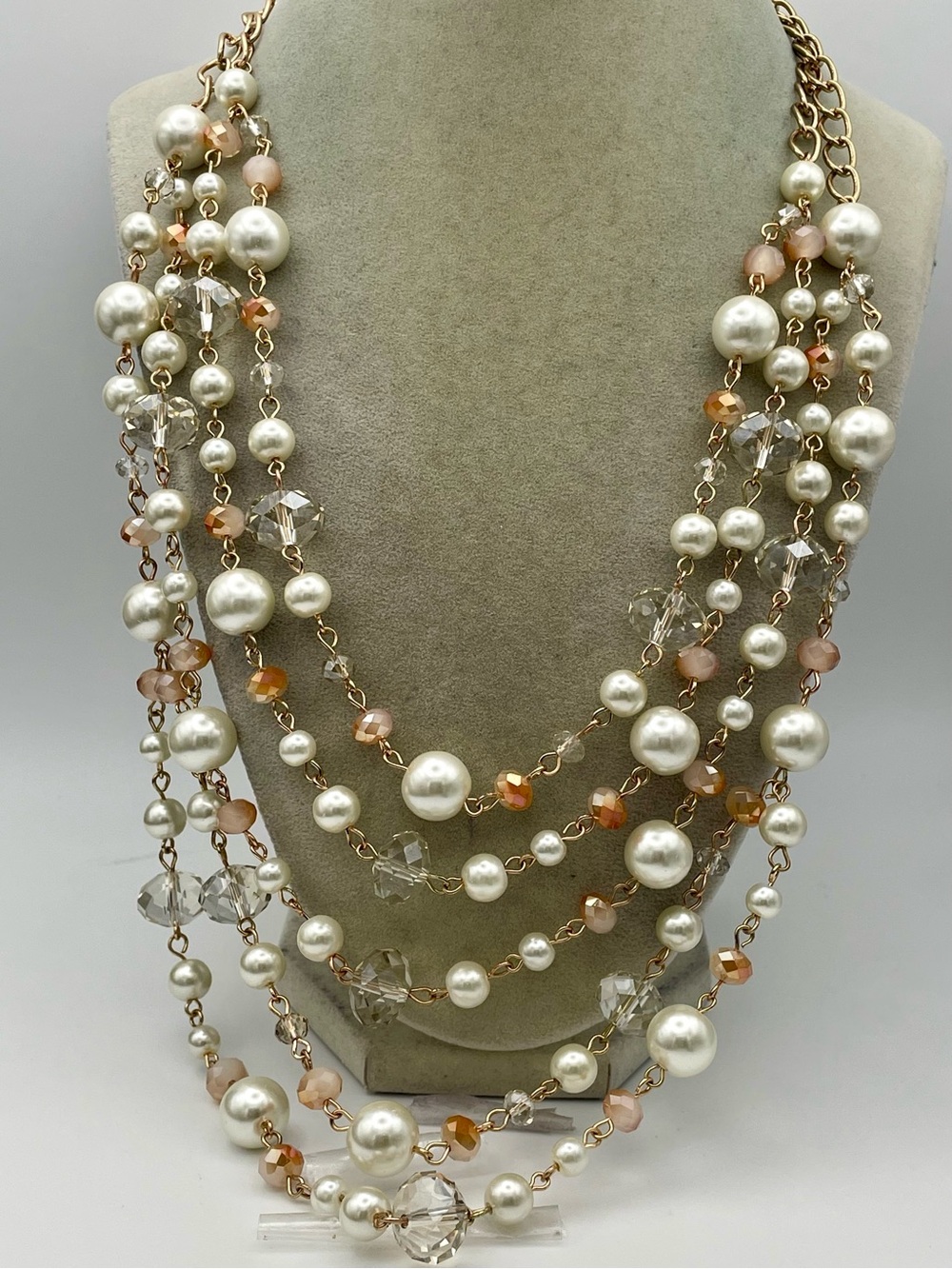 5 Strand Faux Pearl, Peach, and Clear Crystal Necklace - Gold Tone. 26 inches